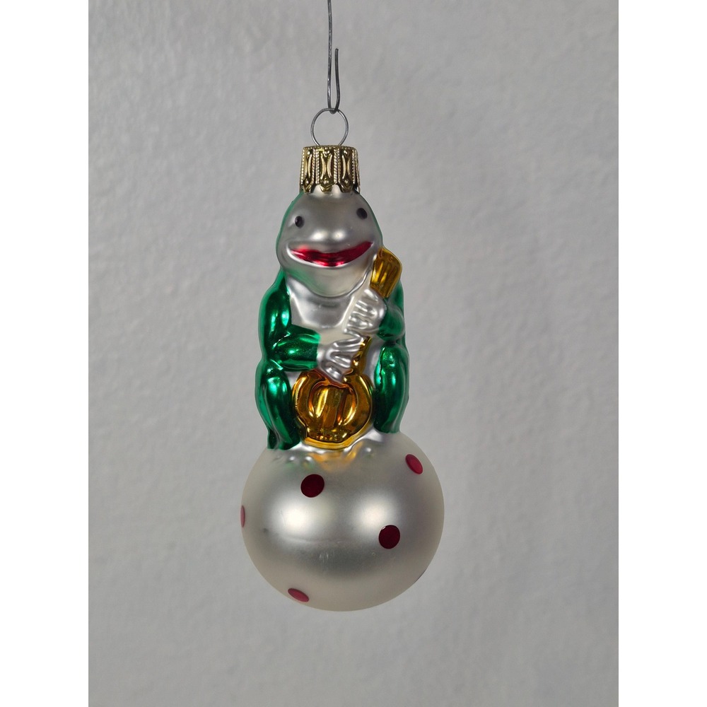 Vintage Germany Blown Glass Frog Playing Banjo Christmas Ornament Polka Dot